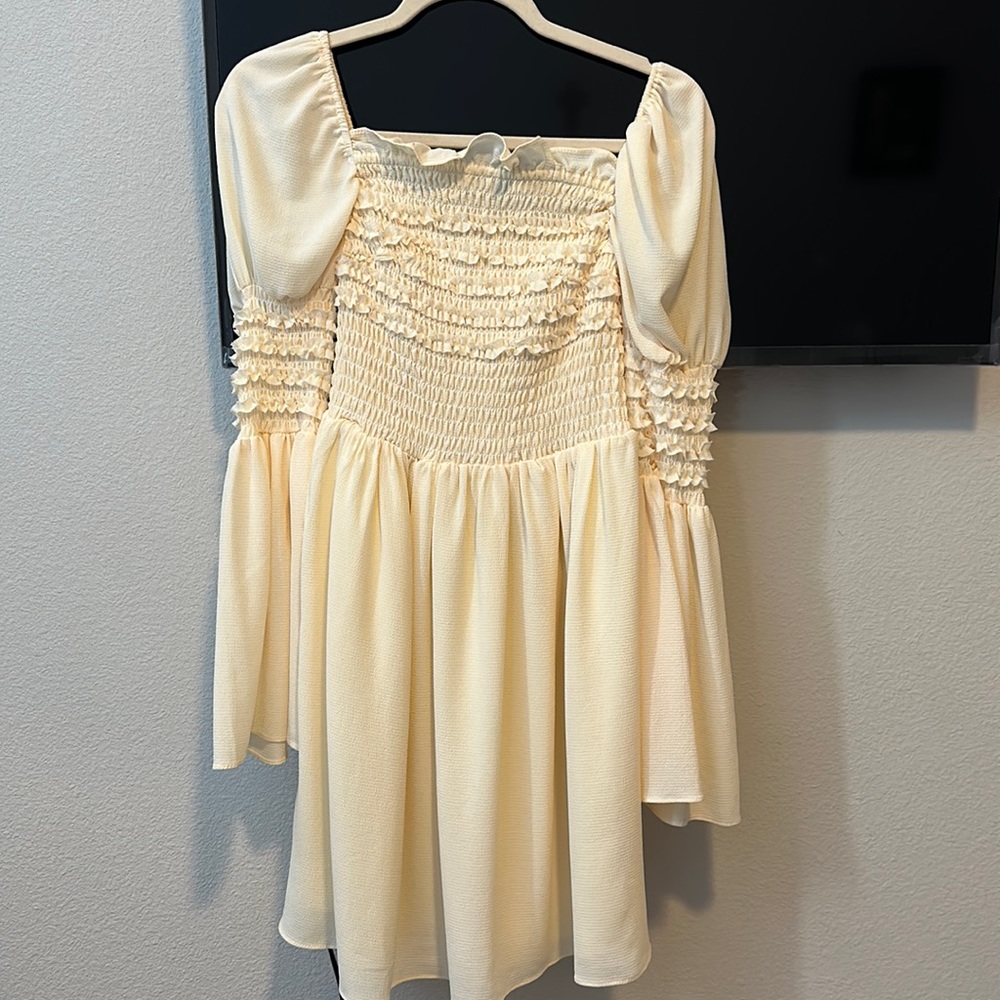 Yellow short dress ruffles bell sleeves